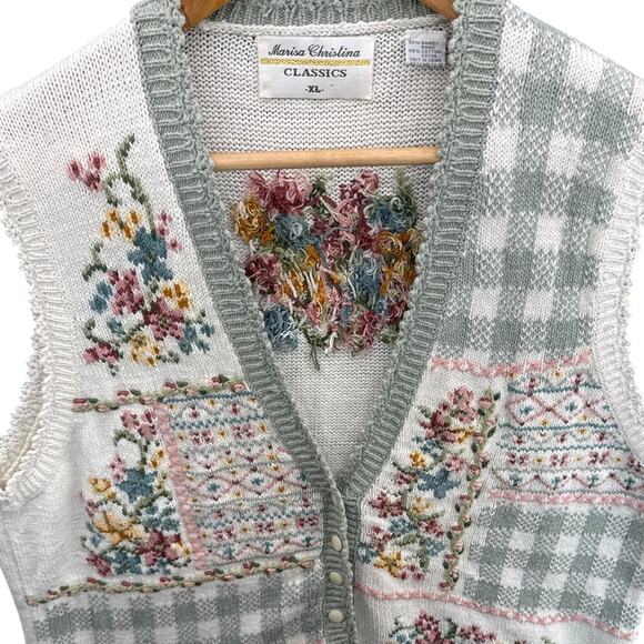 Marisa Christina Vintage Country Plaid Floral Button Up Sweater Vest Women XL - Picture 2 of 10
